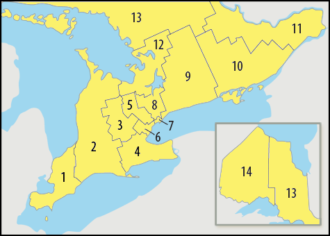 A map showing which areas of Ontario are covered by each of the Caregiver Exchange sites.